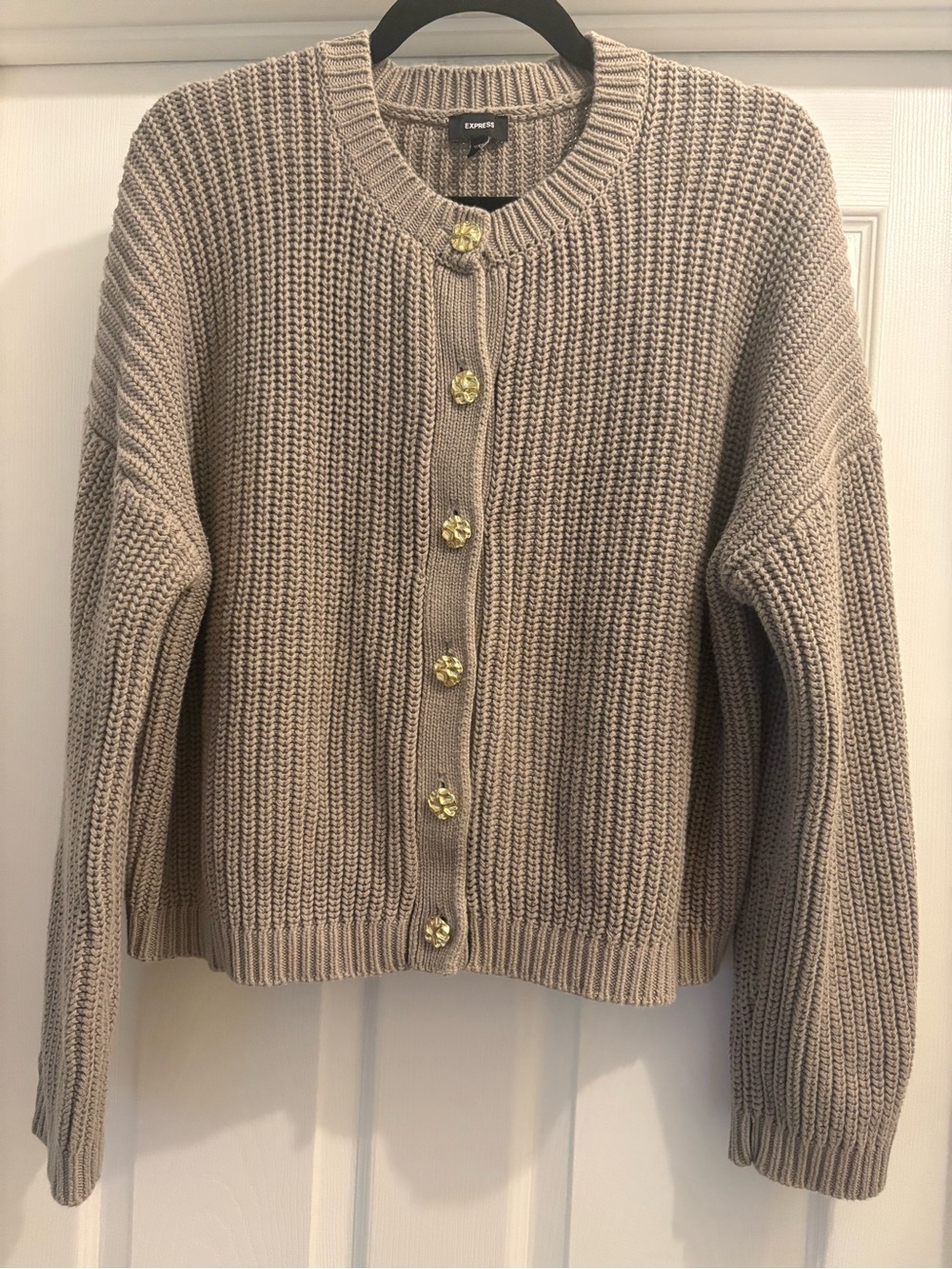 Express Taupe Chunky Knit Cardigan with Gold Buttons